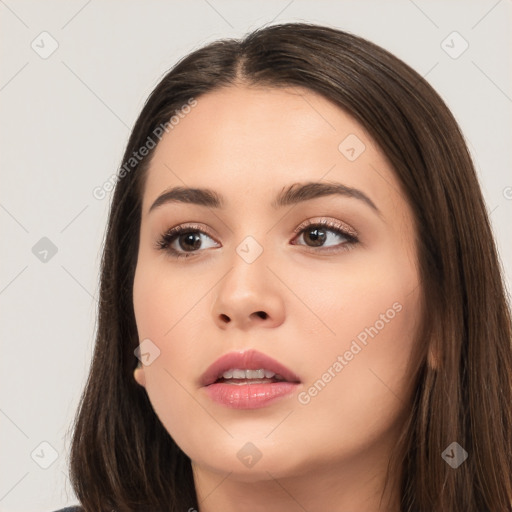 Neutral white young-adult female with long  brown hair and brown eyes