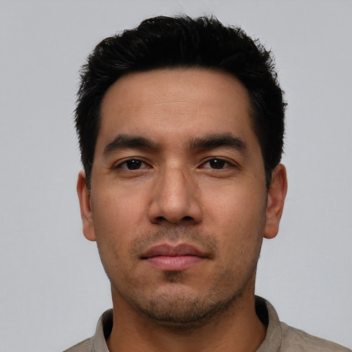 Neutral asian young-adult male with short  black hair and brown eyes