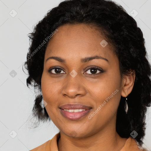 Joyful black young-adult female with medium  black hair and brown eyes