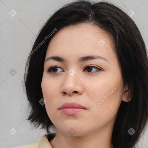 Neutral asian young-adult female with long  black hair and brown eyes