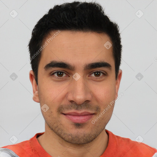 Joyful white young-adult male with short  brown hair and brown eyes