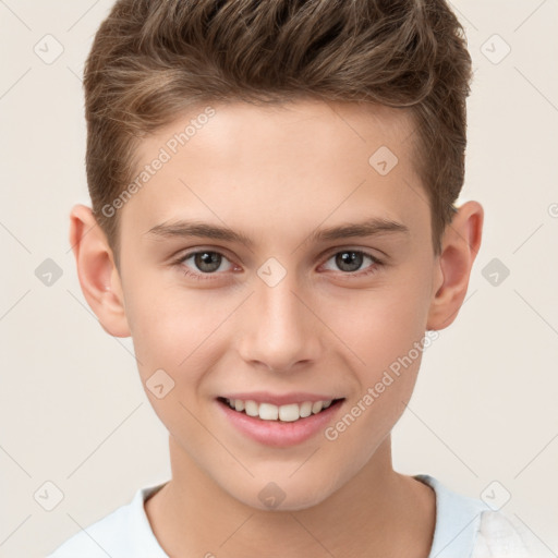 Joyful white child male with short  brown hair and brown eyes