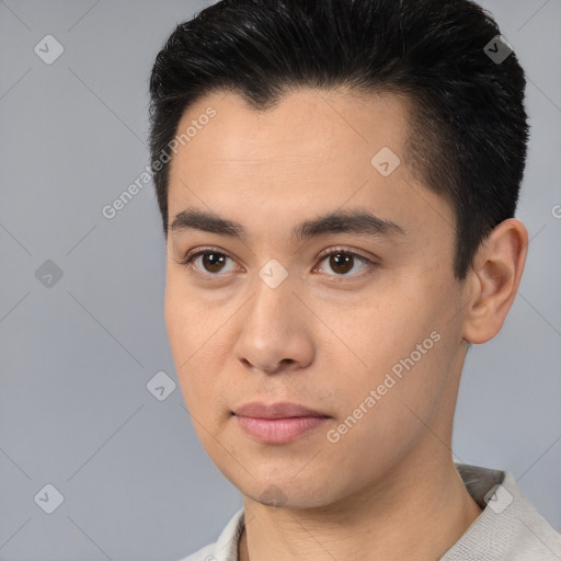 Neutral white young-adult male with short  black hair and brown eyes