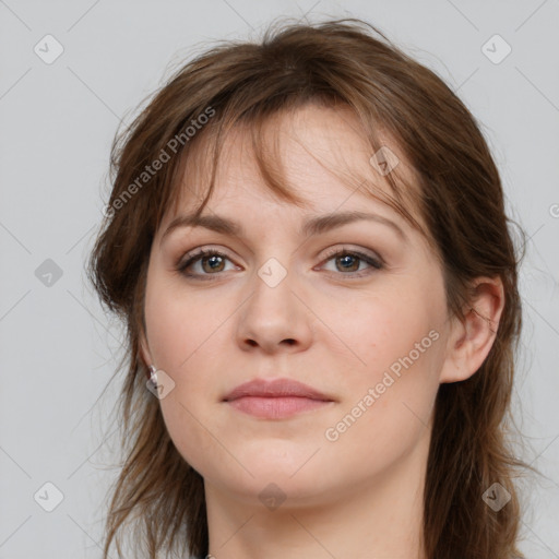 Neutral white young-adult female with medium  brown hair and grey eyes