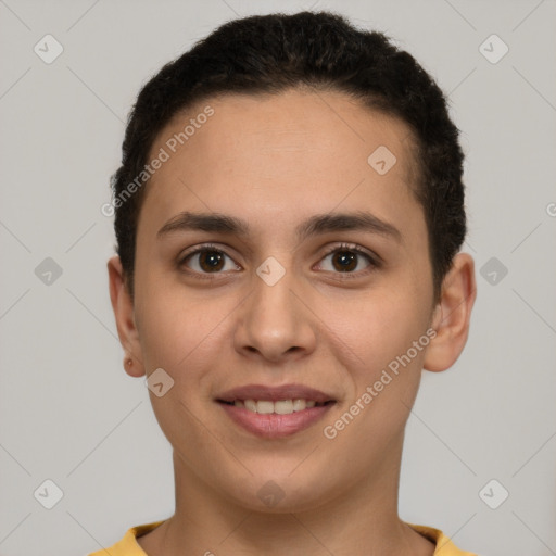 Joyful white young-adult female with short  brown hair and brown eyes