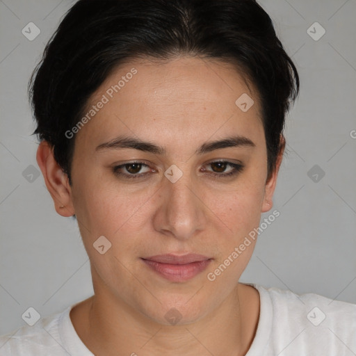 Joyful white young-adult female with short  brown hair and brown eyes