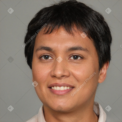 Joyful asian young-adult male with short  brown hair and brown eyes