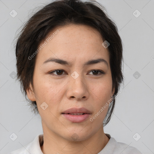 Joyful white adult female with short  brown hair and brown eyes