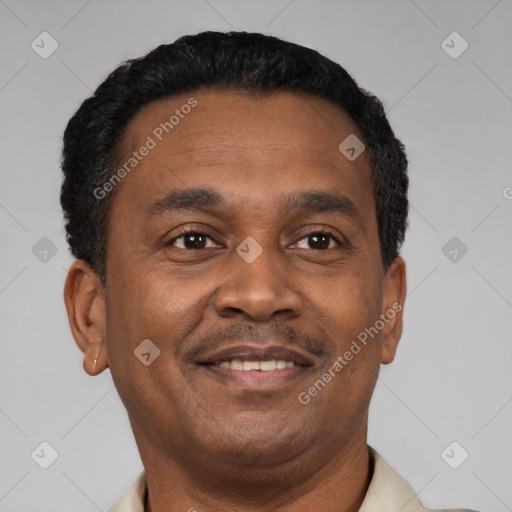Joyful latino adult male with short  black hair and brown eyes