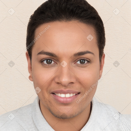 Joyful white young-adult female with short  brown hair and brown eyes