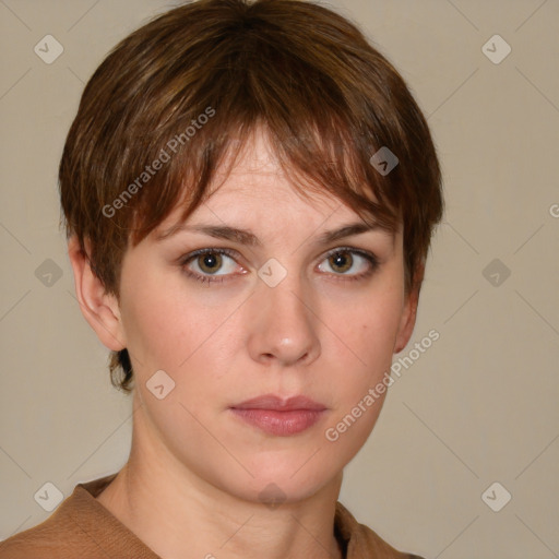 Neutral white young-adult female with short  brown hair and grey eyes