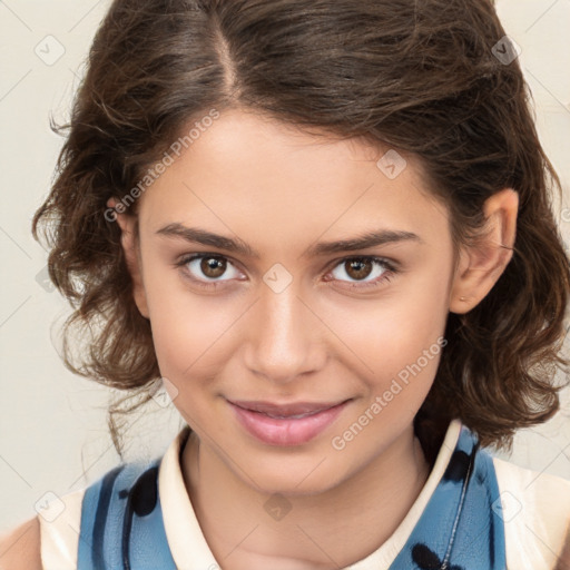 Joyful white child female with medium  brown hair and brown eyes