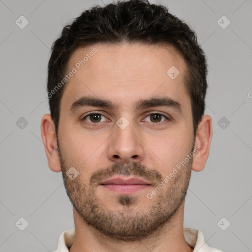 Neutral white young-adult male with short  brown hair and brown eyes