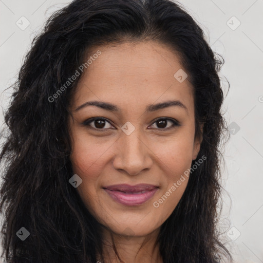 Joyful latino young-adult female with long  brown hair and brown eyes