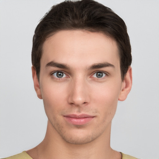 Neutral white young-adult male with short  brown hair and brown eyes