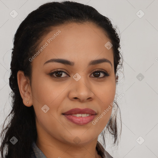 Joyful latino young-adult female with long  brown hair and brown eyes