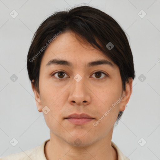 Neutral asian young-adult male with short  brown hair and brown eyes