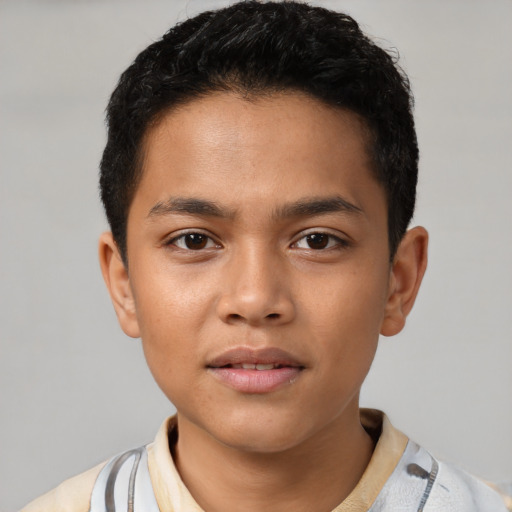 Neutral latino child male with short  black hair and brown eyes