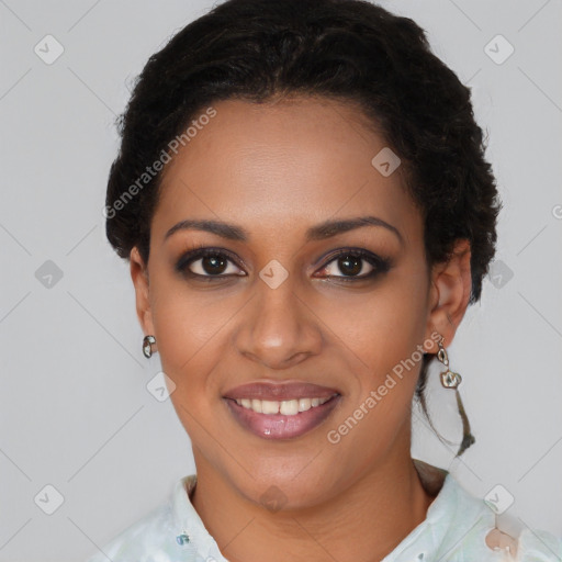 Joyful black young-adult female with short  brown hair and brown eyes