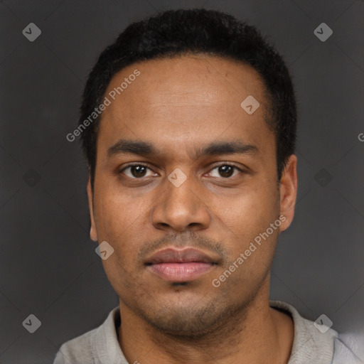 Neutral latino young-adult male with short  black hair and brown eyes