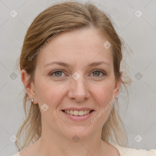 Joyful white young-adult female with medium  brown hair and blue eyes