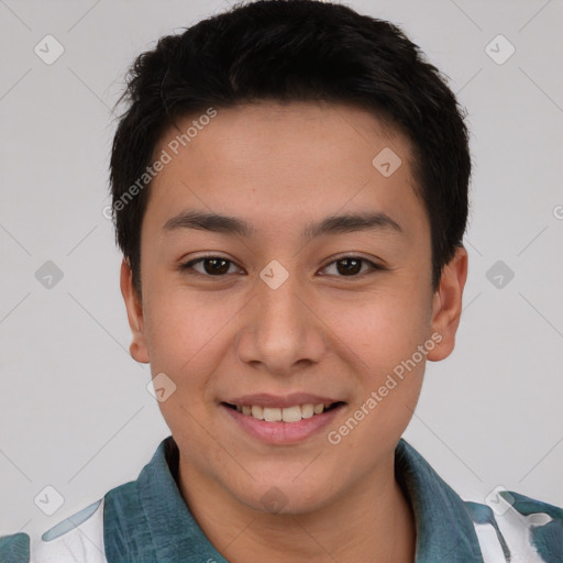 Joyful white young-adult male with short  black hair and brown eyes