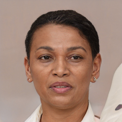 Joyful latino adult female with short  brown hair and brown eyes