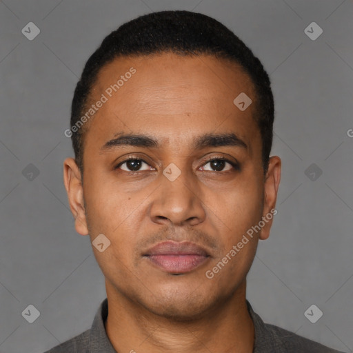 Neutral latino young-adult male with short  black hair and brown eyes