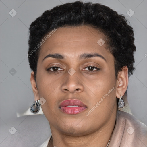 Joyful latino young-adult female with short  brown hair and brown eyes