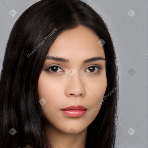 Neutral white young-adult female with long  black hair and brown eyes