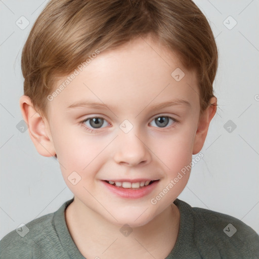 Joyful white child female with short  brown hair and grey eyes