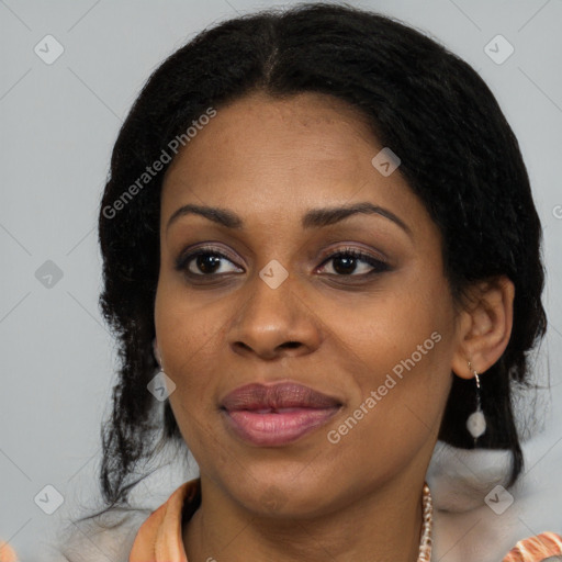 Joyful black young-adult female with medium  black hair and brown eyes