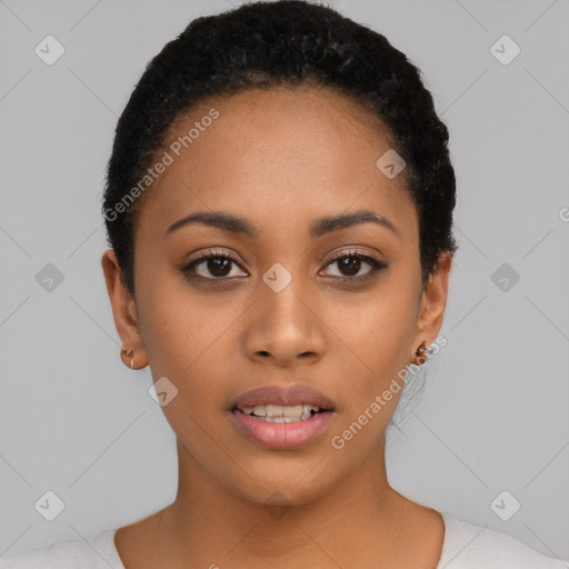 Neutral latino young-adult female with short  black hair and brown eyes