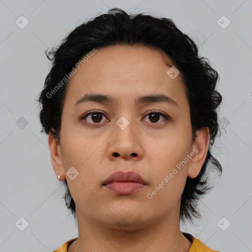 Neutral latino young-adult female with short  black hair and brown eyes