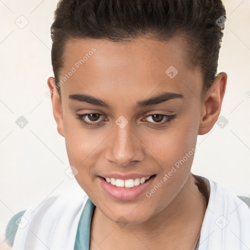 Joyful white young-adult female with short  brown hair and brown eyes