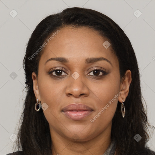 Joyful latino young-adult female with long  brown hair and brown eyes