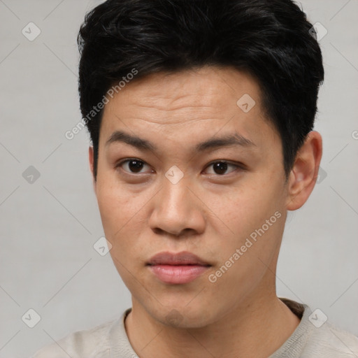 Neutral asian young-adult male with short  black hair and brown eyes