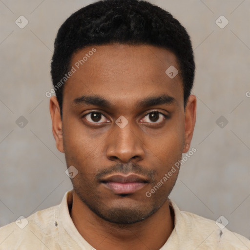 Neutral latino young-adult male with short  black hair and brown eyes