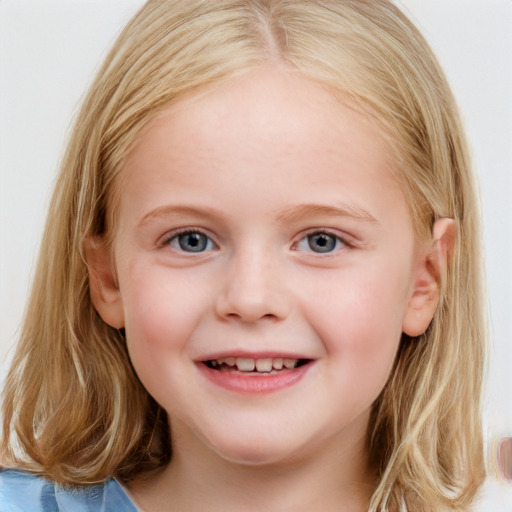 Joyful white child female with medium  brown hair and blue eyes