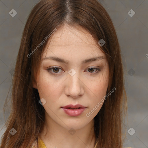 Neutral white young-adult female with long  brown hair and brown eyes