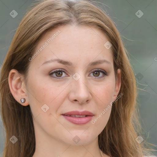 Joyful white young-adult female with long  brown hair and green eyes