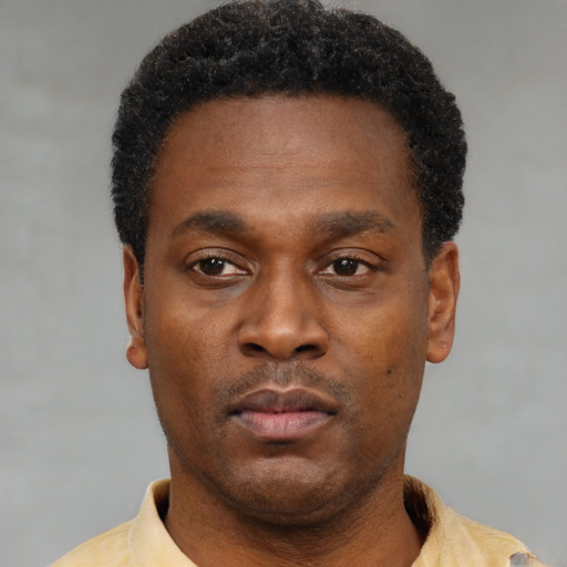 Neutral black young-adult male with short  black hair and brown eyes