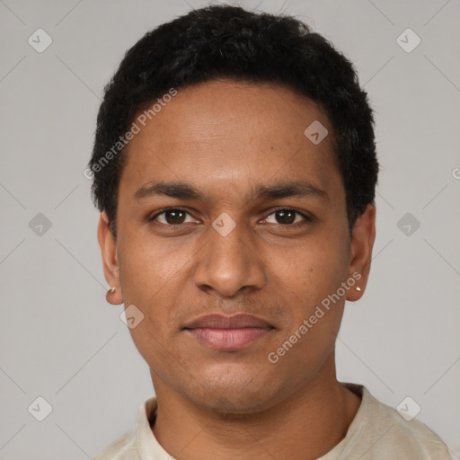 Neutral black young-adult male with short  black hair and brown eyes