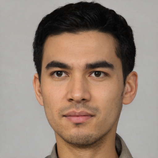 Neutral asian young-adult male with short  black hair and brown eyes