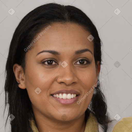 Joyful latino young-adult female with medium  brown hair and brown eyes