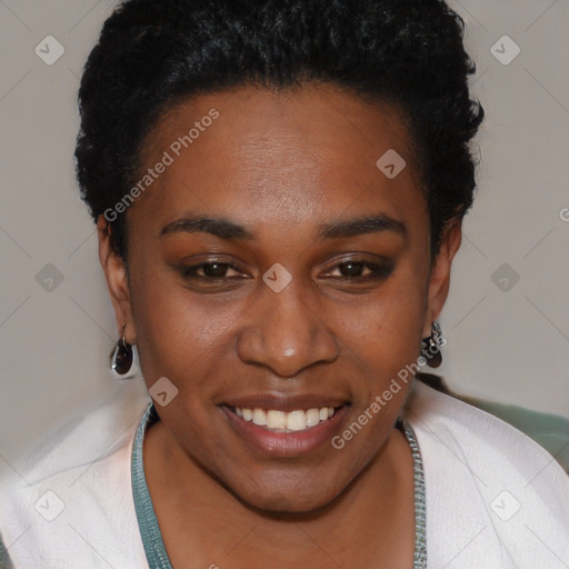 Joyful black young-adult female with short  brown hair and brown eyes