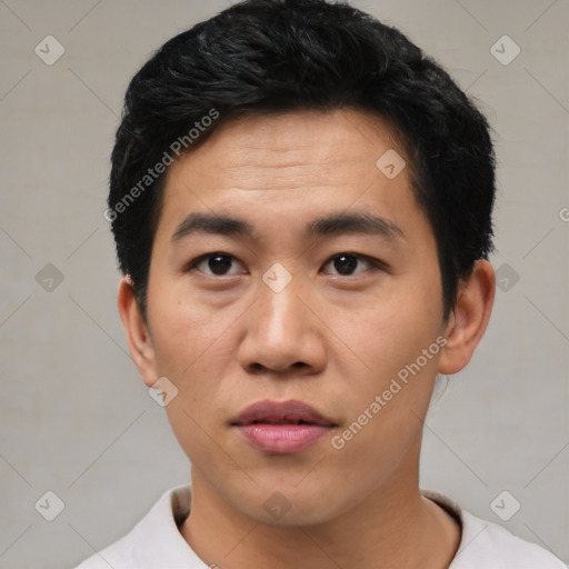 Neutral asian young-adult male with short  black hair and brown eyes