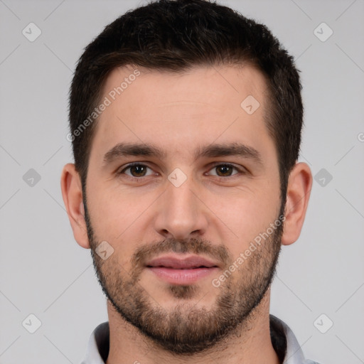 Neutral white young-adult male with short  brown hair and brown eyes