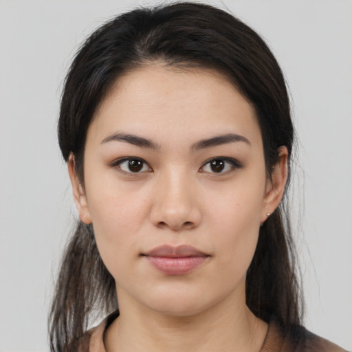 Neutral asian young-adult female with medium  black hair and brown eyes