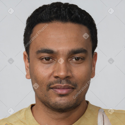 Neutral latino young-adult male with short  black hair and brown eyes